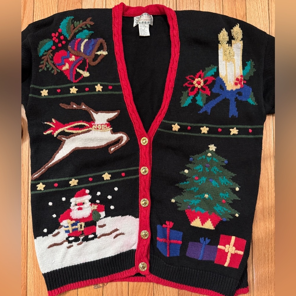 Vintage Embroidered Festive Black Red Gold Christmas Tree Cardigan Santa Sweater